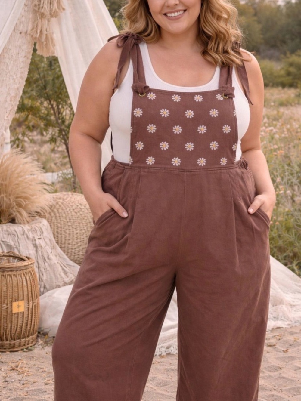 Davi & Dani Chocolate Brown Overalls with Contrast Flower 1X
